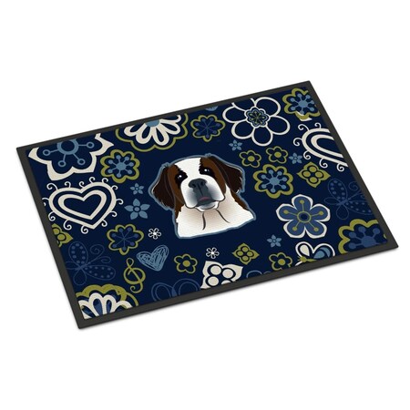 Carolines Treasures 18 x 27 in. Blue Flowers Saint Bernard Indoor or Outdoor Mat BB5097MAT